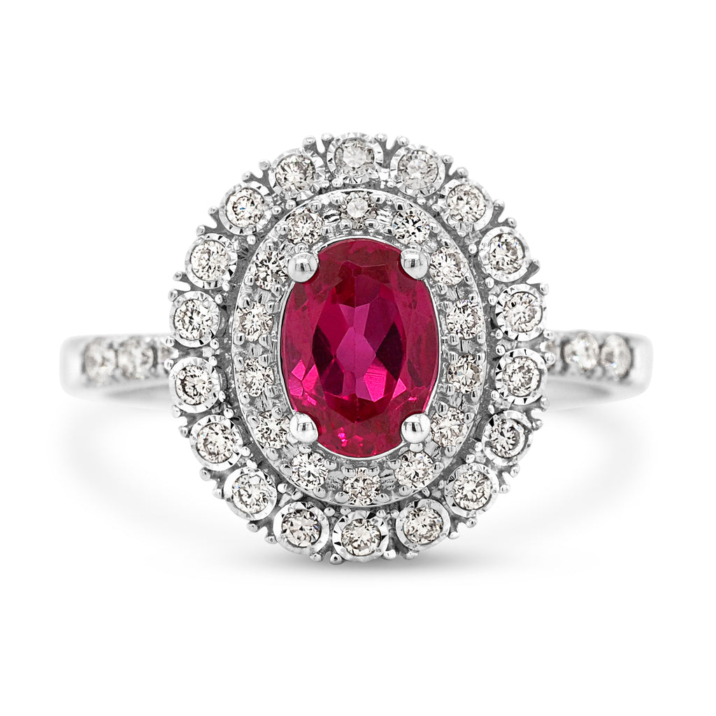 9ct White Gold Oval Created Ruby Double Diamond Halo Ring TD