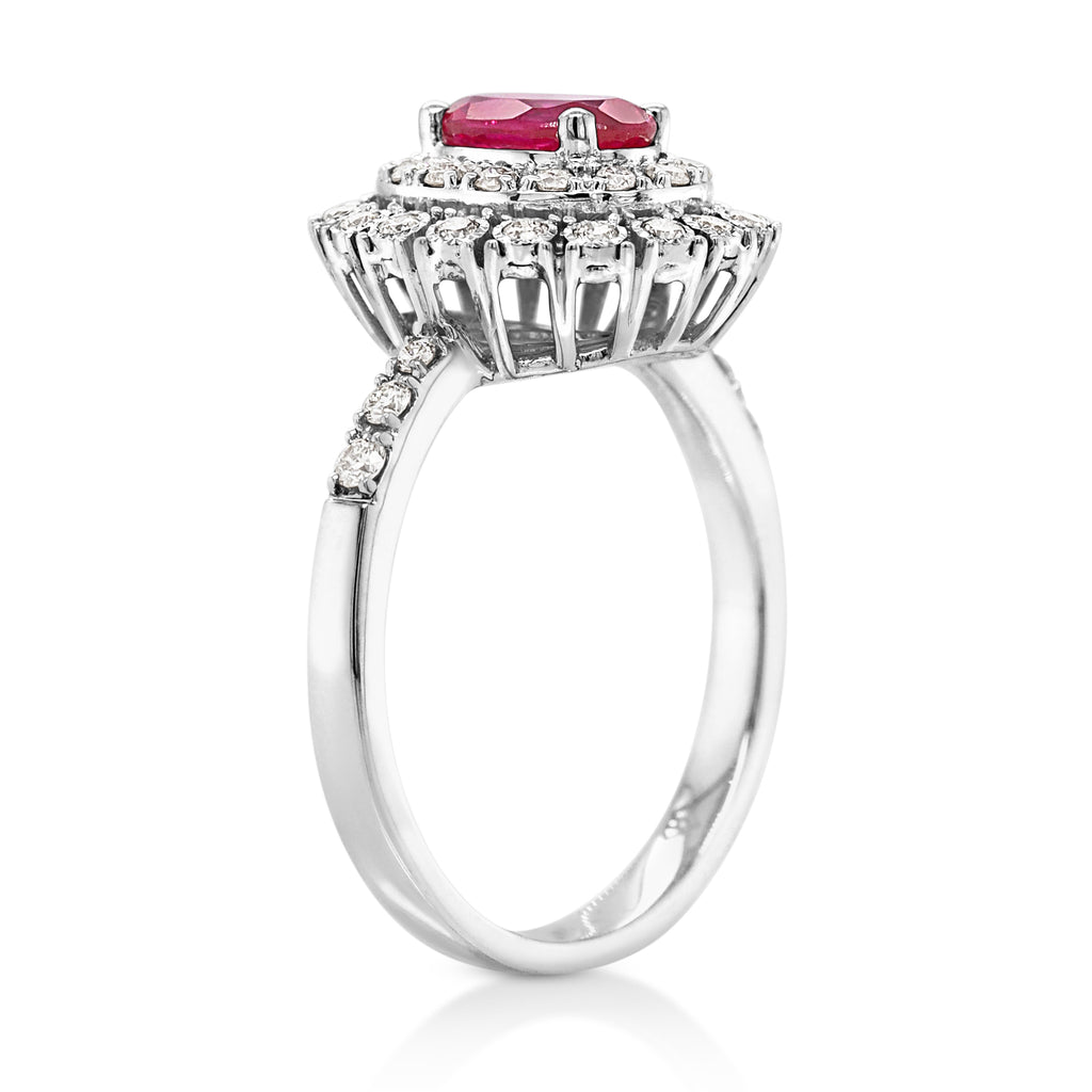 9ct White Gold Oval Created Ruby Double Diamond Halo Ring TD