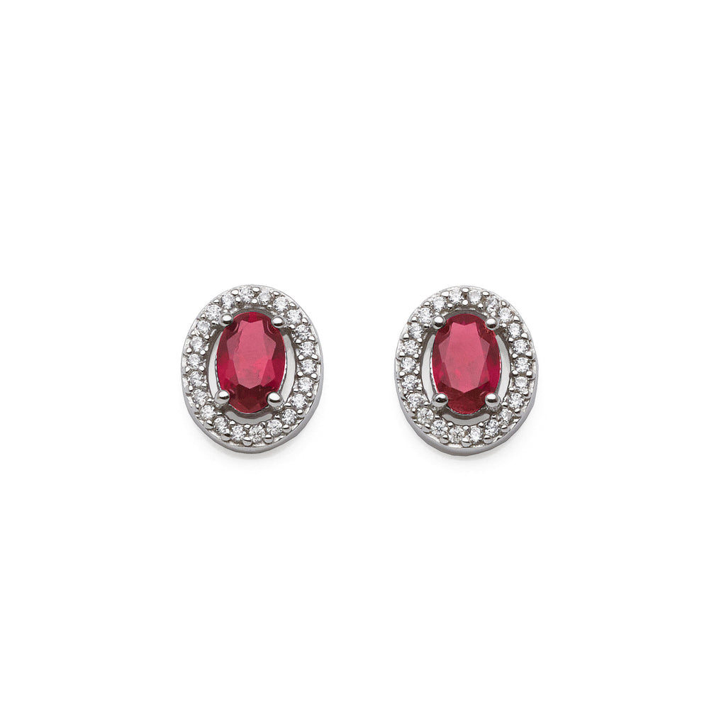 Sterling Silver Oval Red Crystal Cubic Zirconia Halo Stud Ea