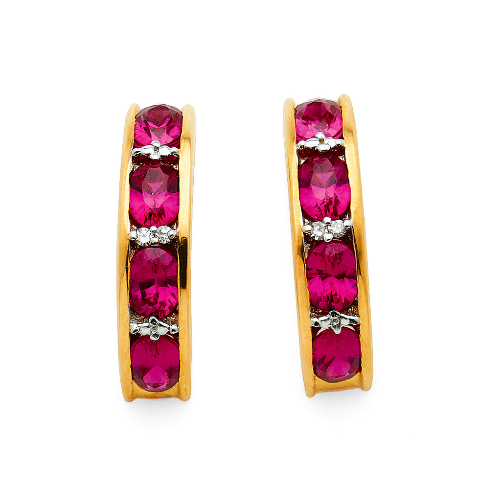 9ct Yellow Gold Created Ruby & Diamond Half Hoop Stud Earrin