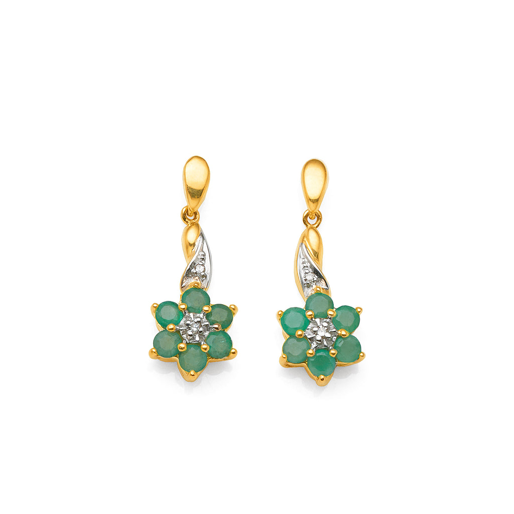 9ct Yellow Gold Emerald & Diamond Flower Drop Stud Earrings