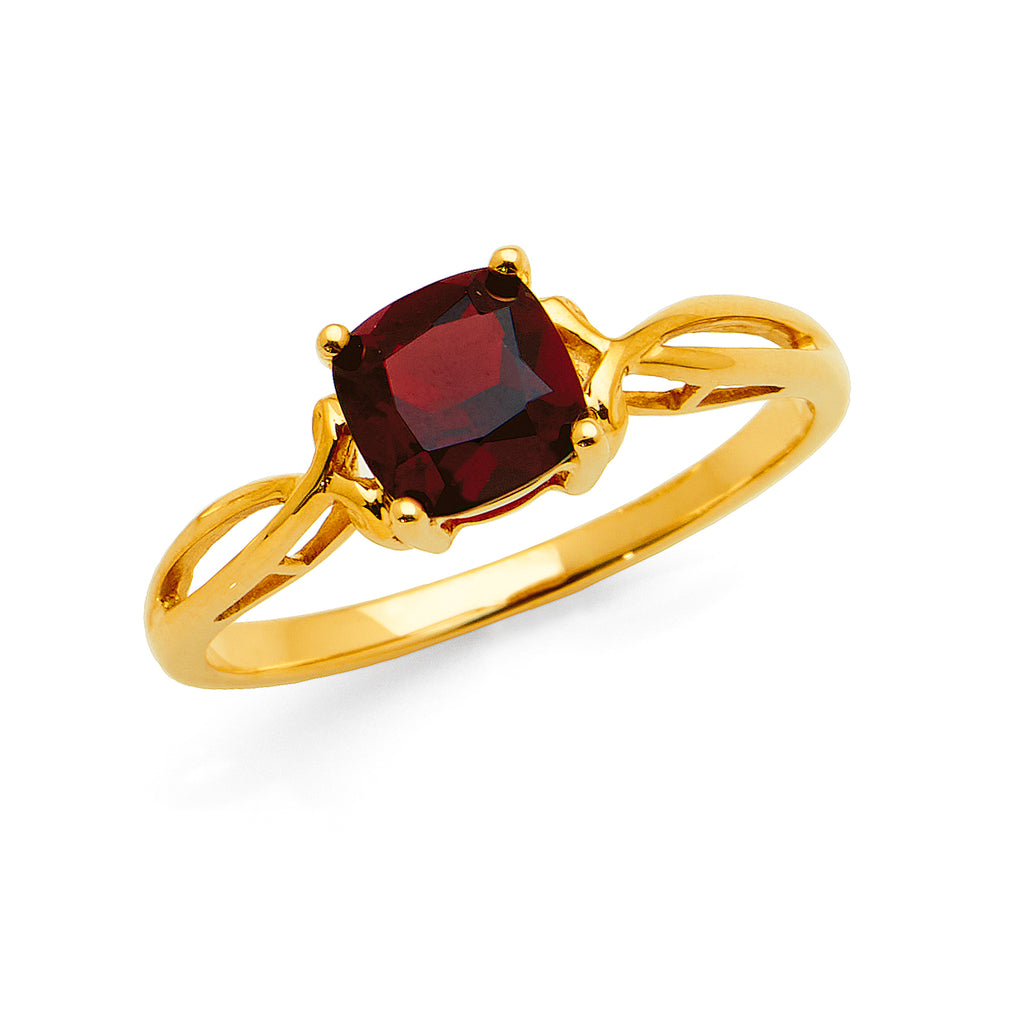 9ct Yellow Gold 6mm Cushion Cut Garnet Split Shoulder Ring