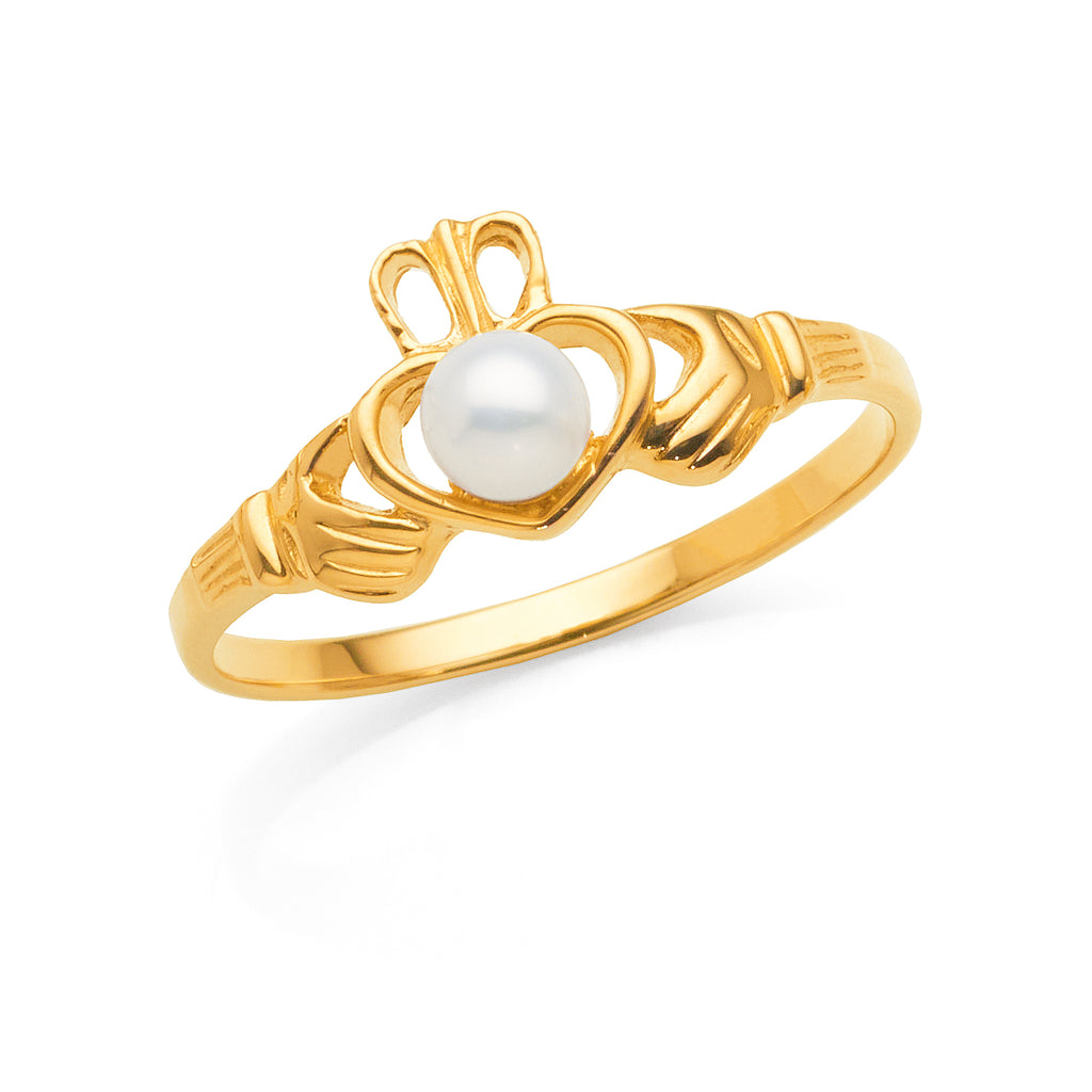 9ct Yellow Gold Freshwater Pearl Claddagh Ring
