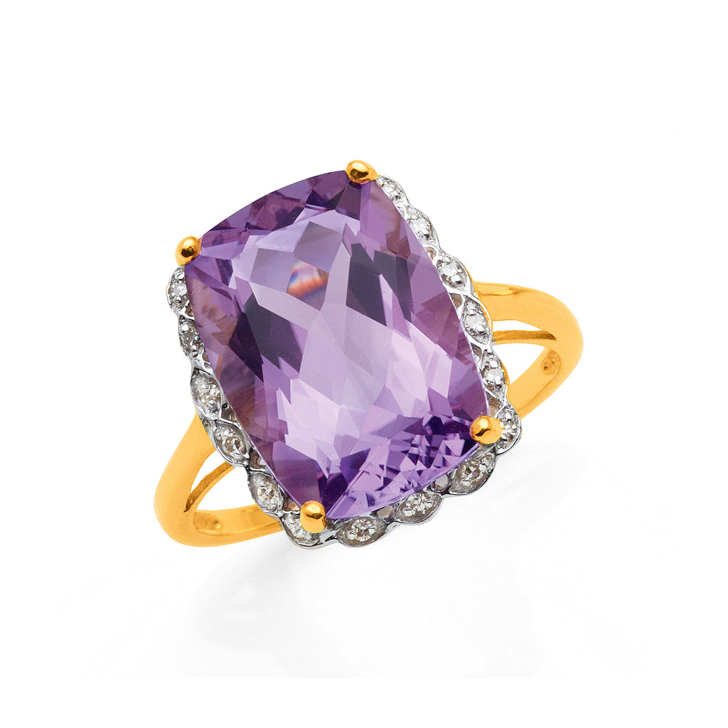 9ct Yellow Gold Cushion Cut Amethyst & Diamond Scalloped Hal