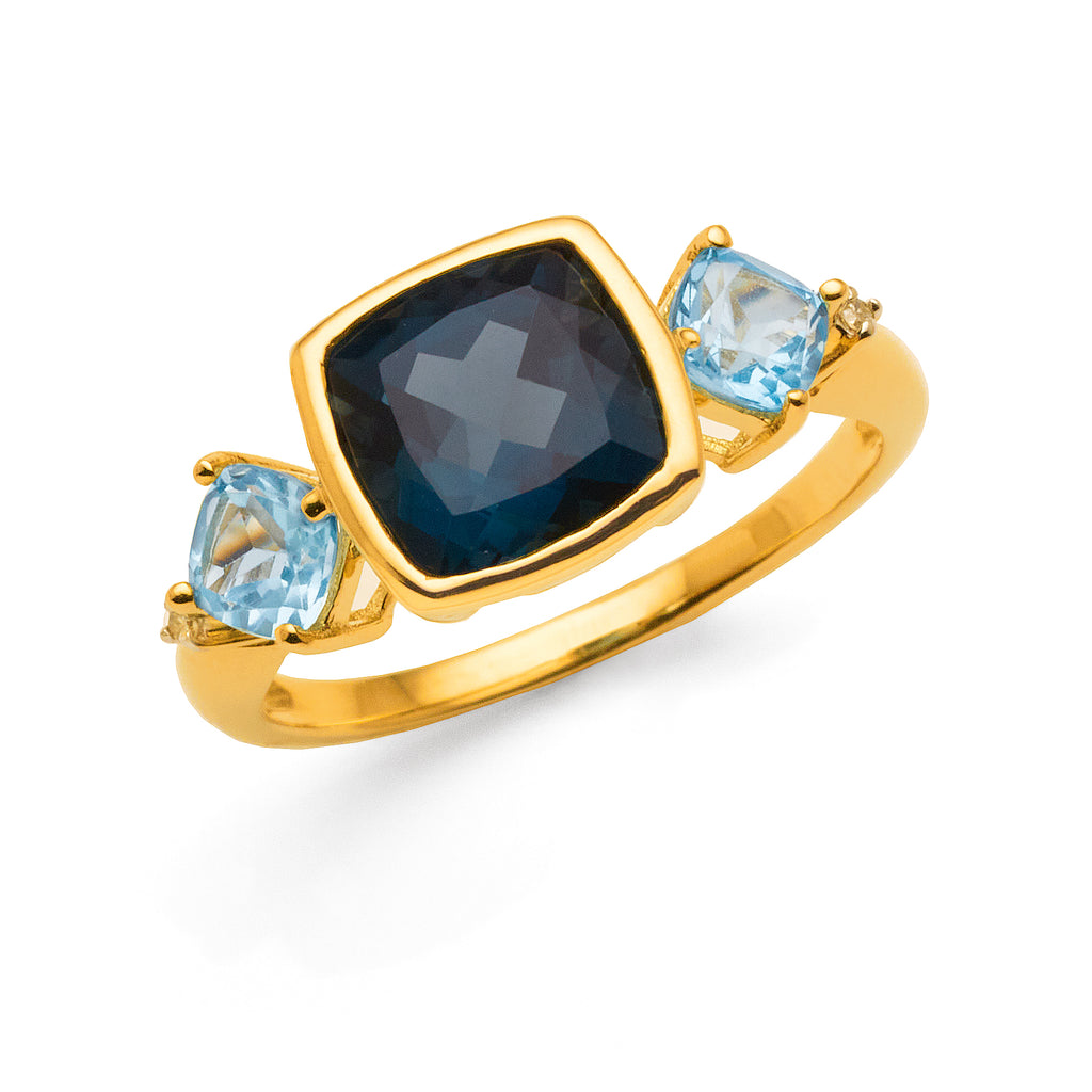 9ct Yellow Gold Cushion Cut London Blue & Swiss Blue Topaz R