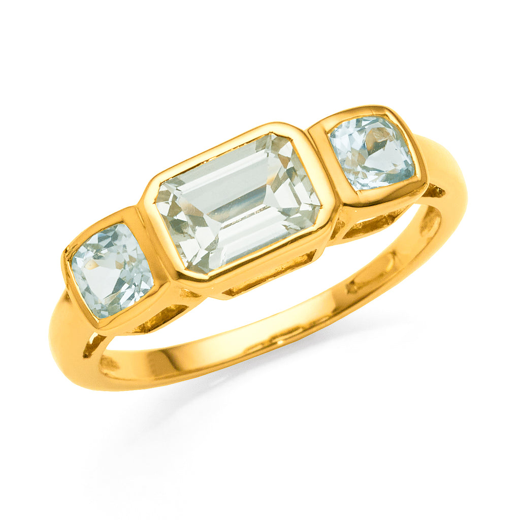 9ct Yellow Gold Octagonal Green Amethyst & Cushion Cut Blue