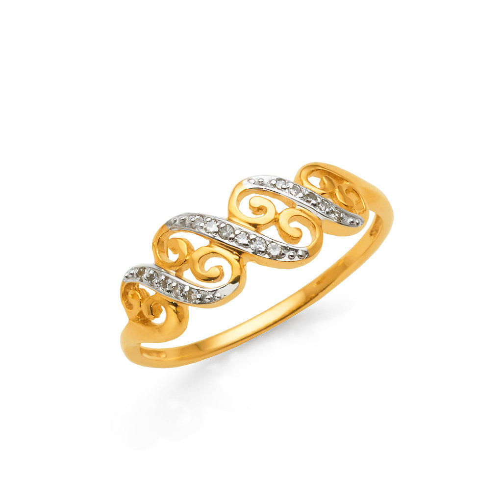9ct Yellow Gold Diamond Double Swirl Diagonal Bar Ring TDW 0