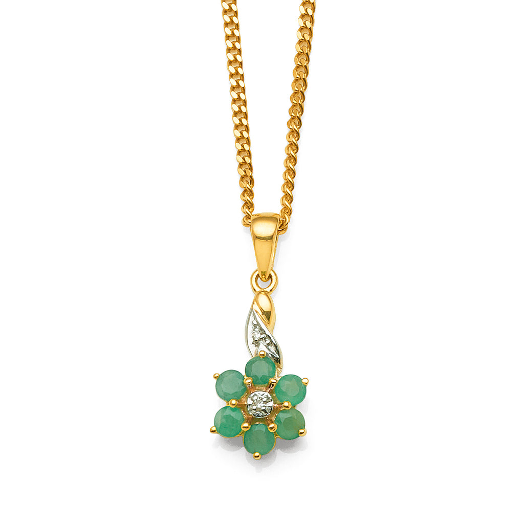 9ct Yellow Gold Emerald & Diamond Flower Pendant