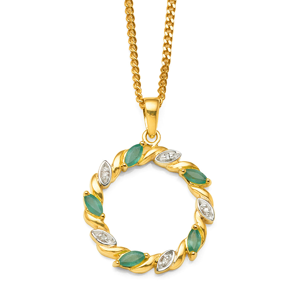 9ct Yellow Gold Marquise Emerald & Diamond Open Circle Penda