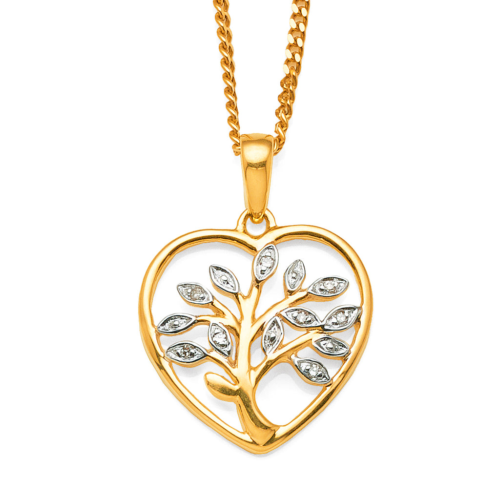9ct Yellow Gold Diamond Tree Of Life Heart Pendant
