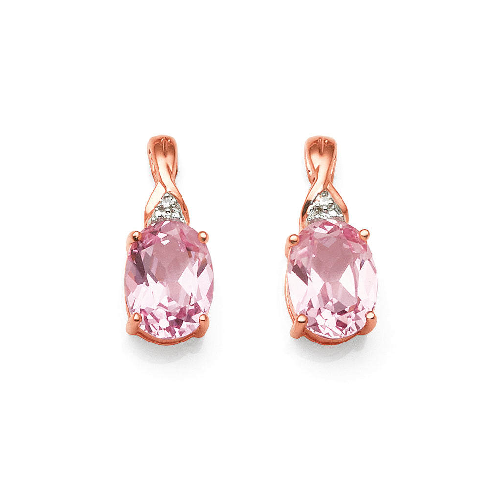 9ct Rose Gold Created Peach Sapphire & Diamond Stud Earrings