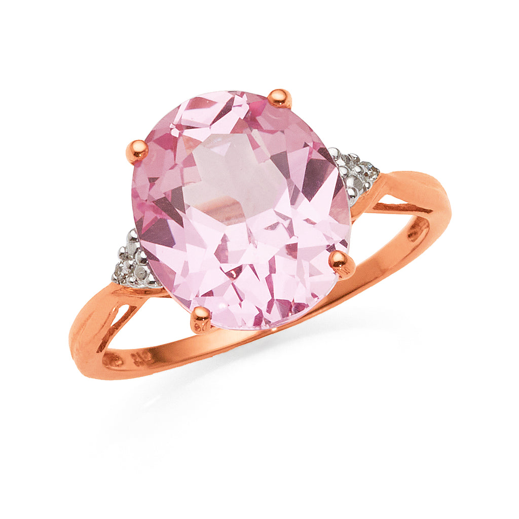 9ct Rose Gold Oval Created Peach Sapphire & Diamond Ring