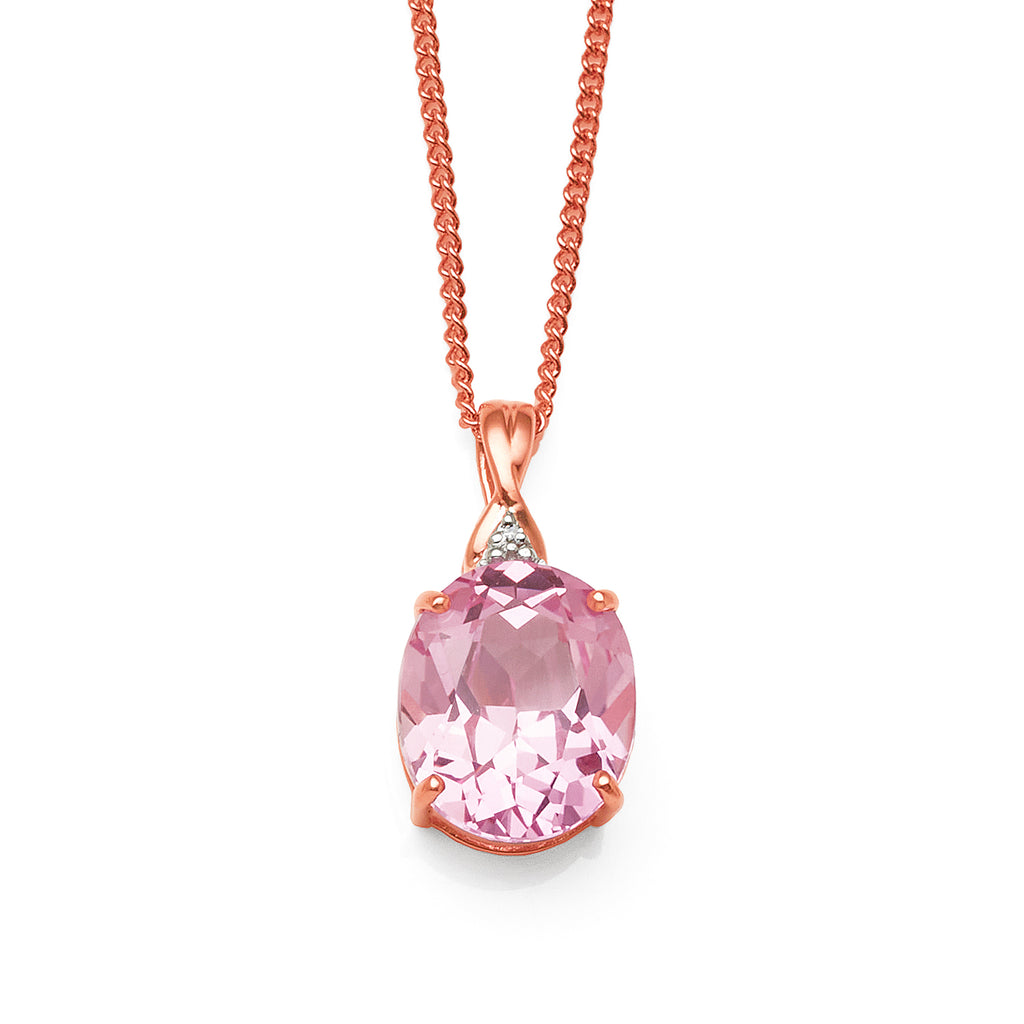9ct Rose Gold Oval Created Peach Sapphire & Diamond Pendant