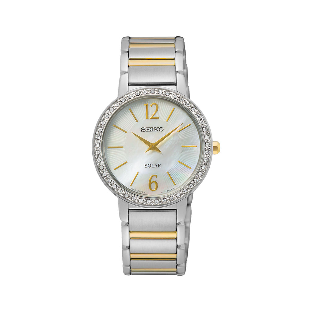Seiko Solar 2-Tone Crystal Mother Of Pearl Watch SUP469P