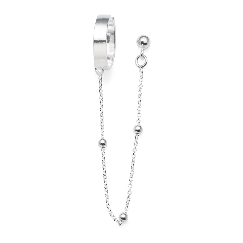 Sterling Silver Ball Stud Earring With Chain Ear Cuff