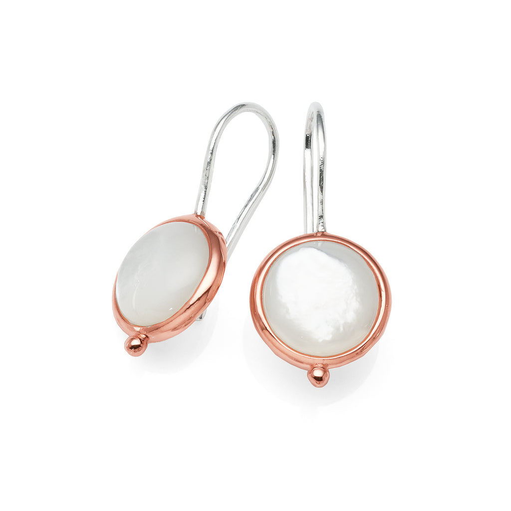 Sterling Silver Rose Tone Bezel Set Mother Of Pearl Hook Ear