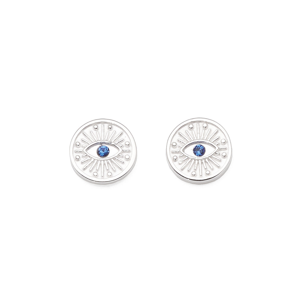 Sterling Silver Blue Crystal Round Eye Stud Earrings