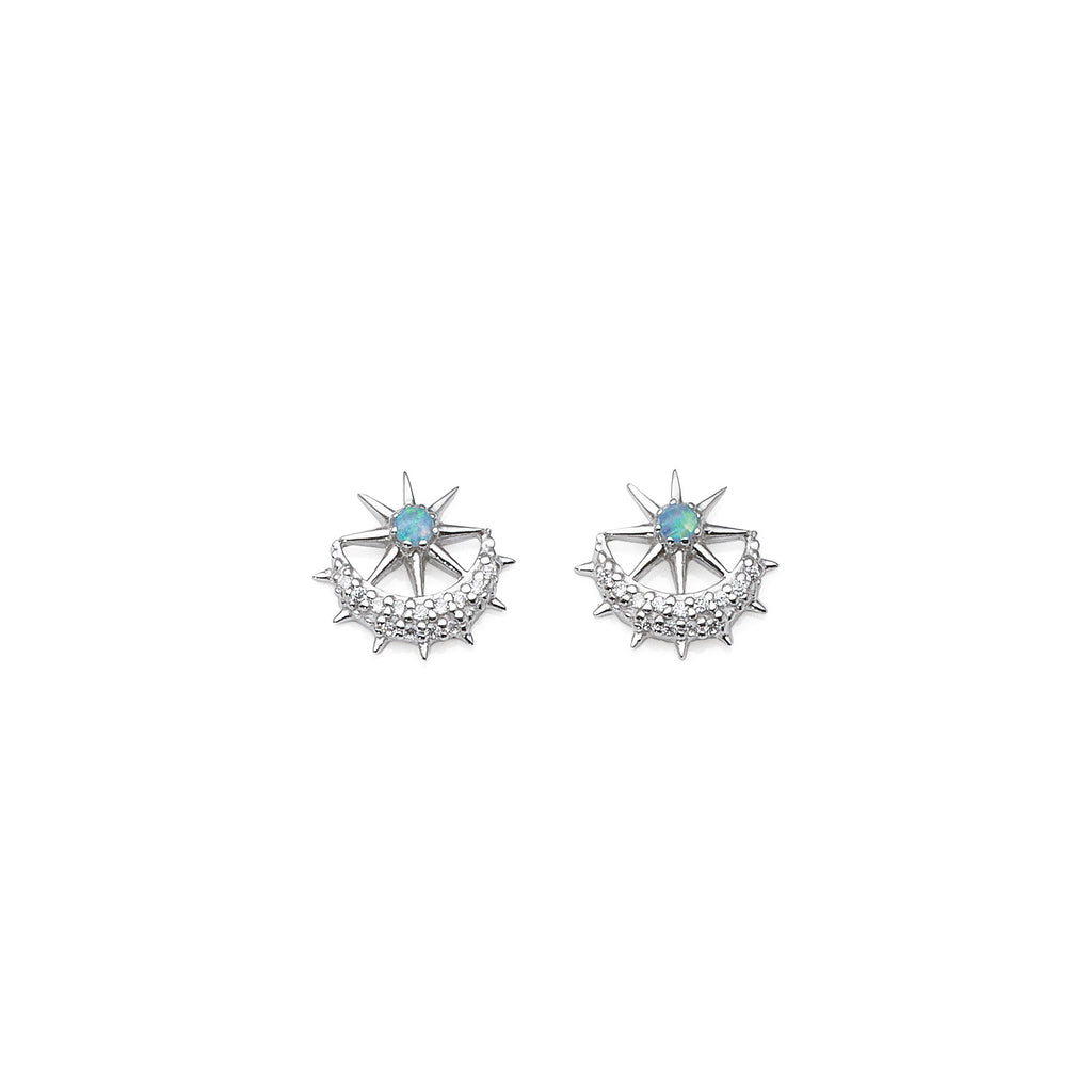 Sterling Silver Moon & Star Synthetic Blue Opal Studs