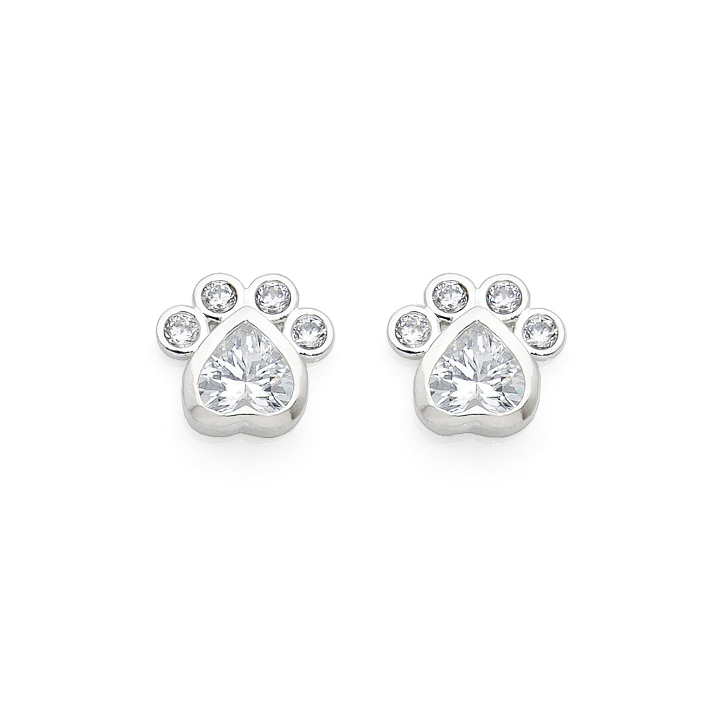 Sterling Silver Cubic Zirconia Dog Paw Print Stud Earrings