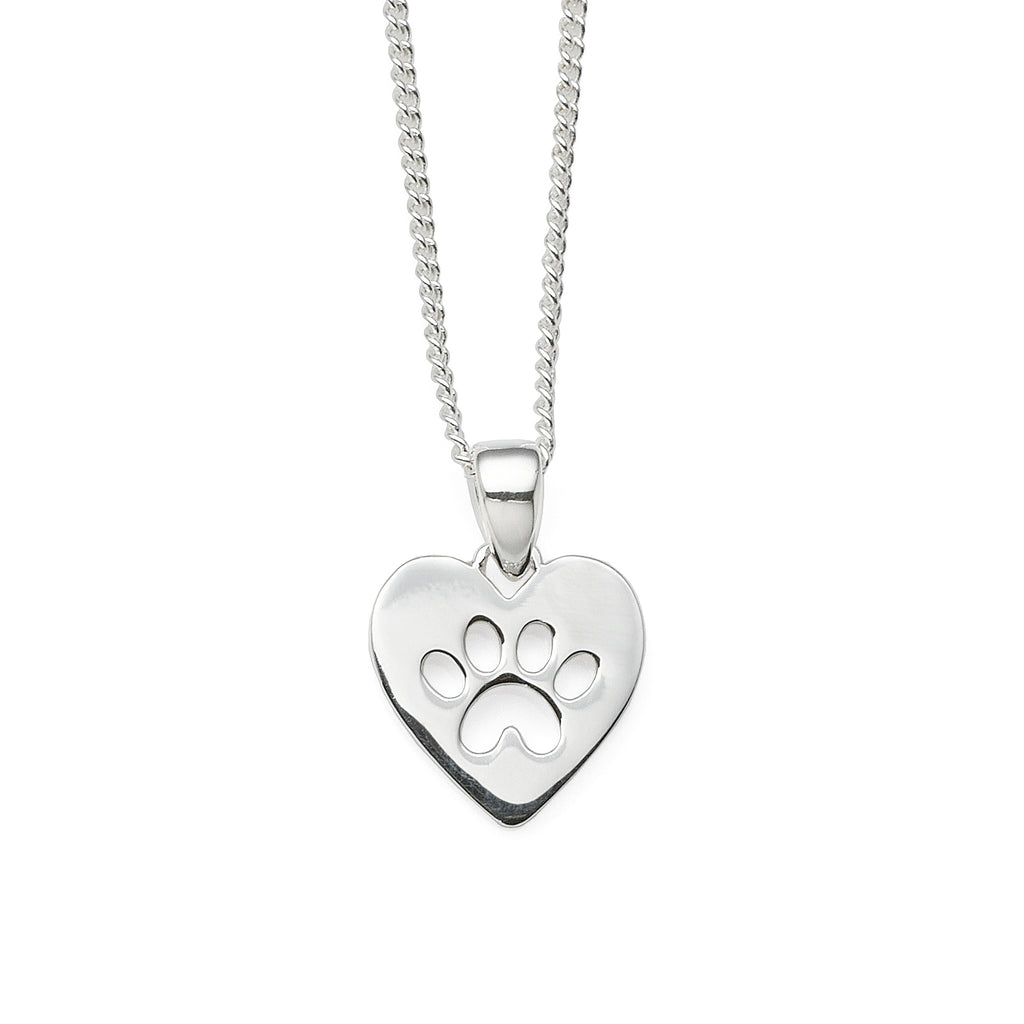 Sterling Silver Paw Print Flat Heart Pendant