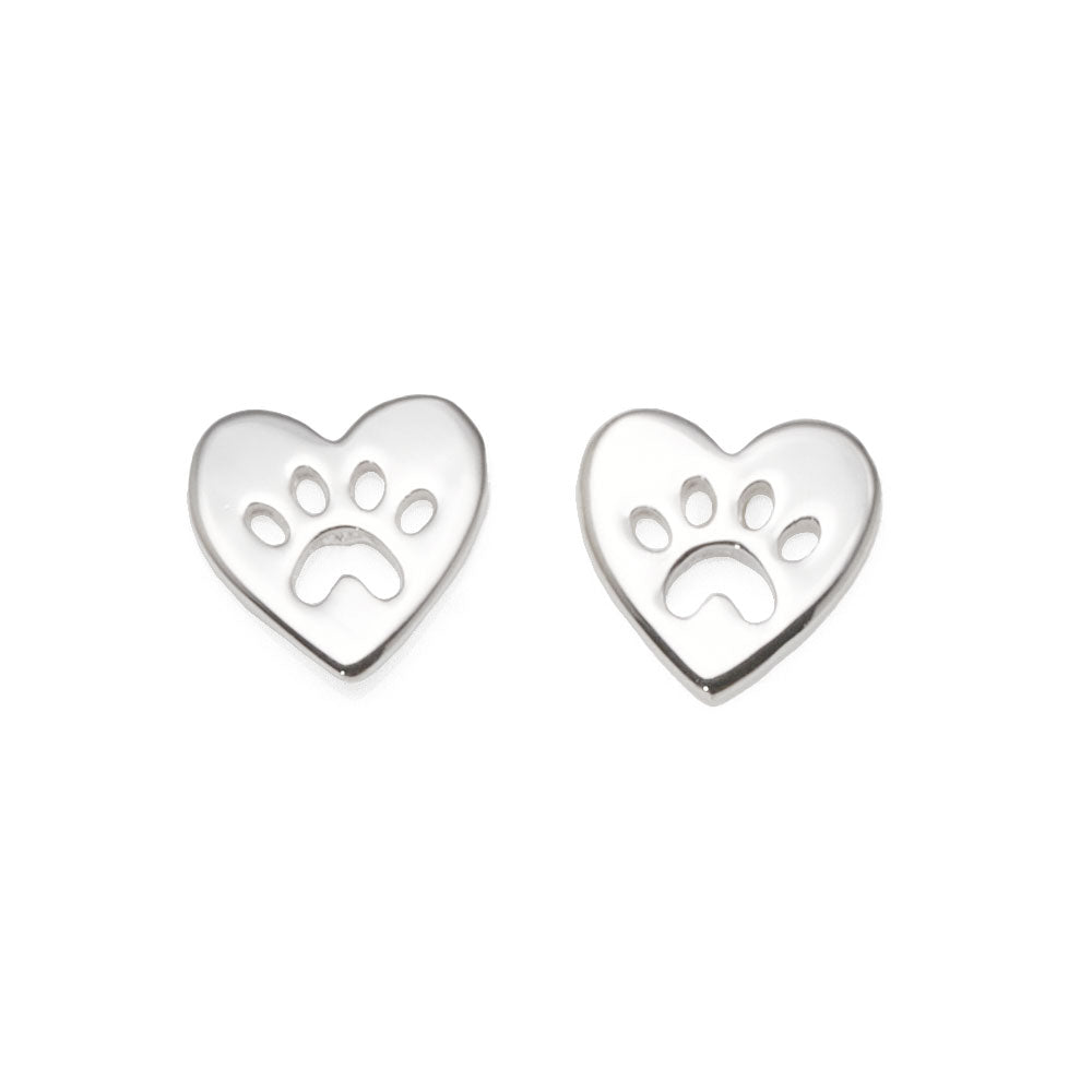 Sterling Silver Paw Print Heart Stud Earrings