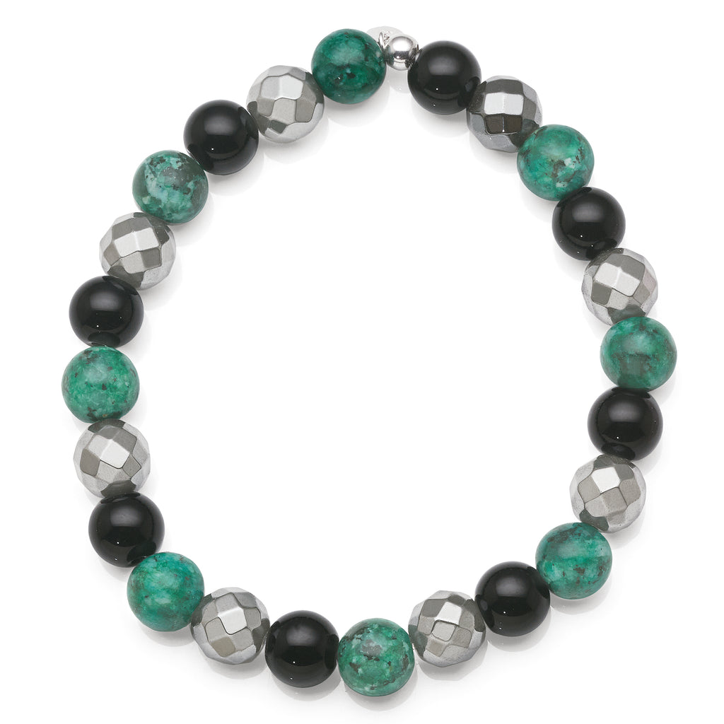 Onyx, Faceted Hematite & Green Turquoise Stretch Ball Bracel