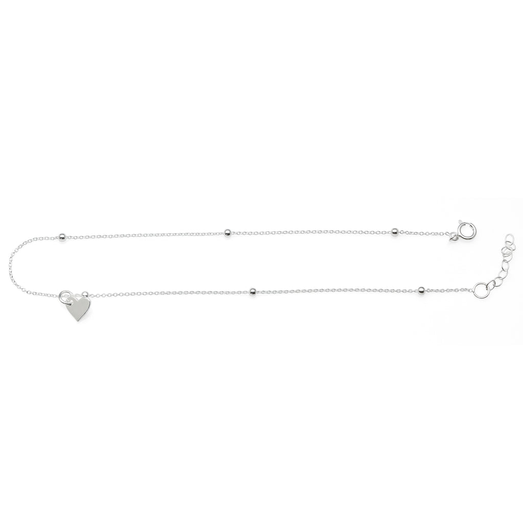 Sterling Silver Cable Link Hanging Heart Charm Anklet