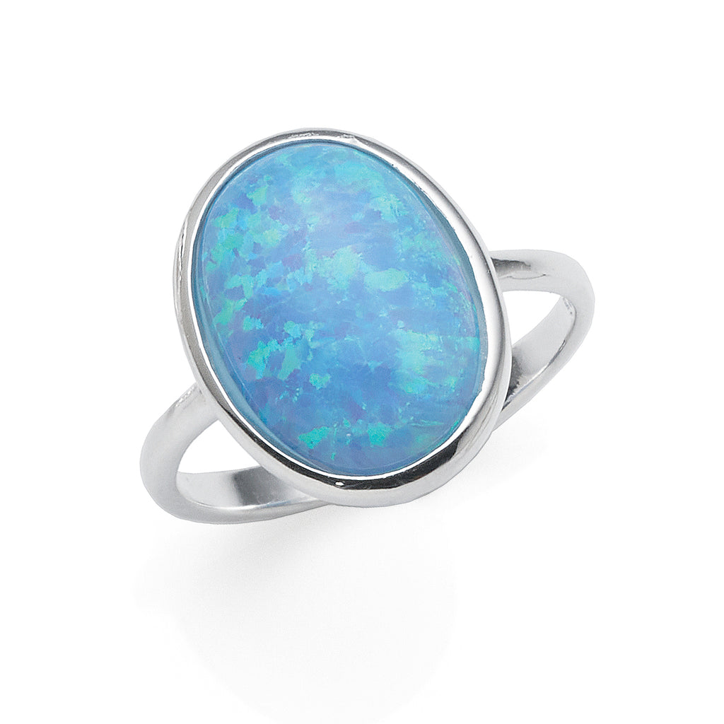 Sterling Silver Oval Blue Created Opal Ring