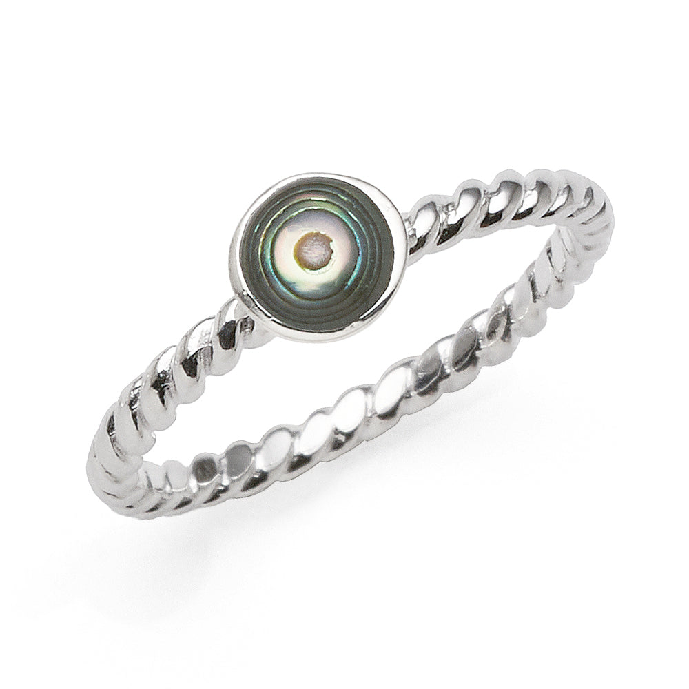 Sterling Silver Round Paua Shell Twisted Band Ring