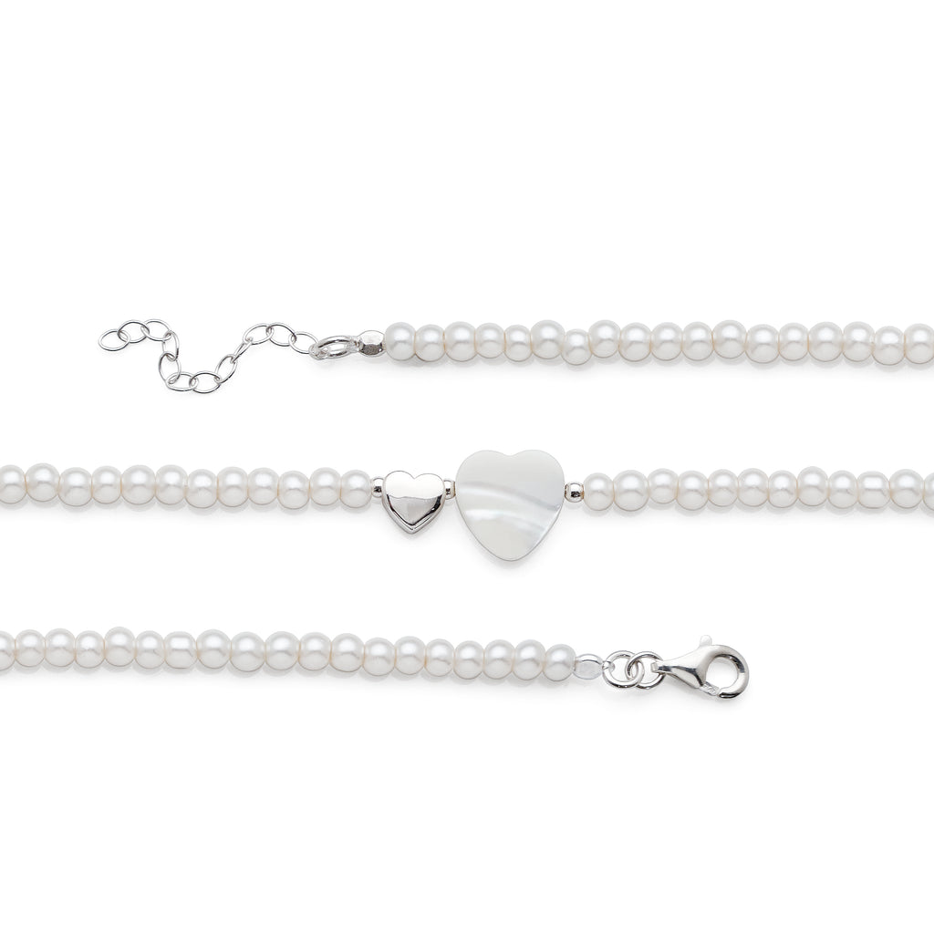 Sterling Silver Pearl Look Bead Fixed Heart Charm Bracelet