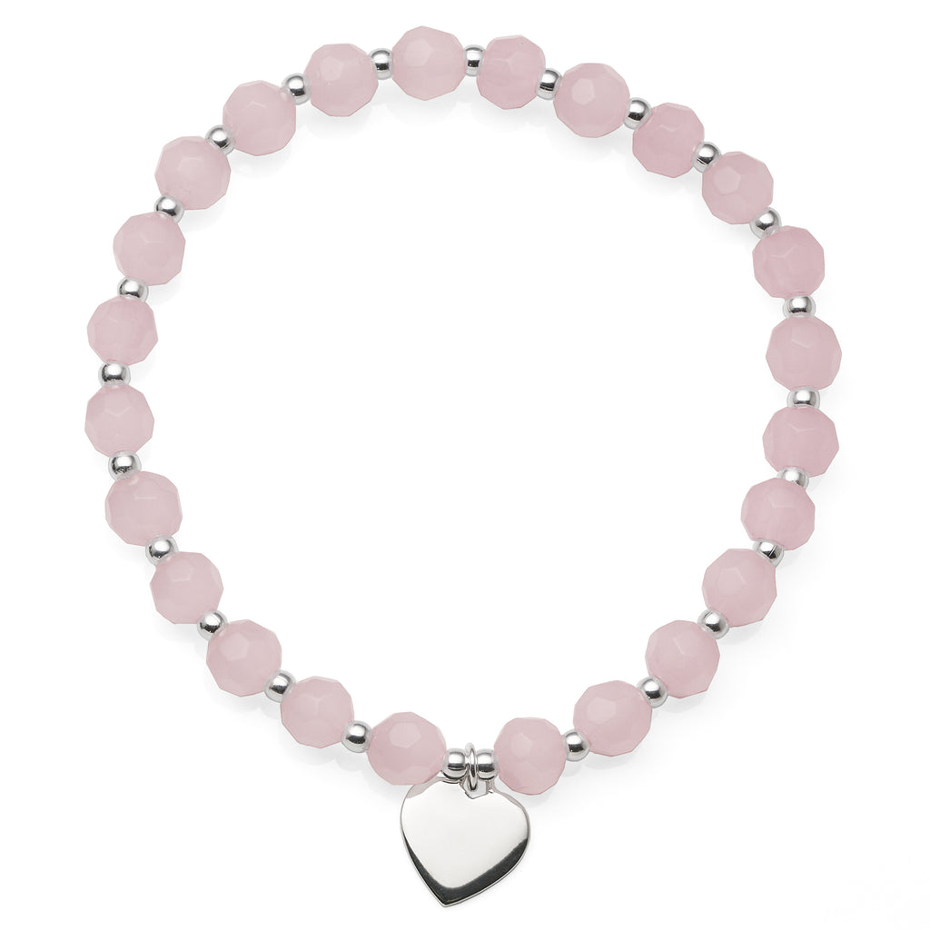 Sterling Silver Pink Crystal Heart Charm Stretch Bracelet