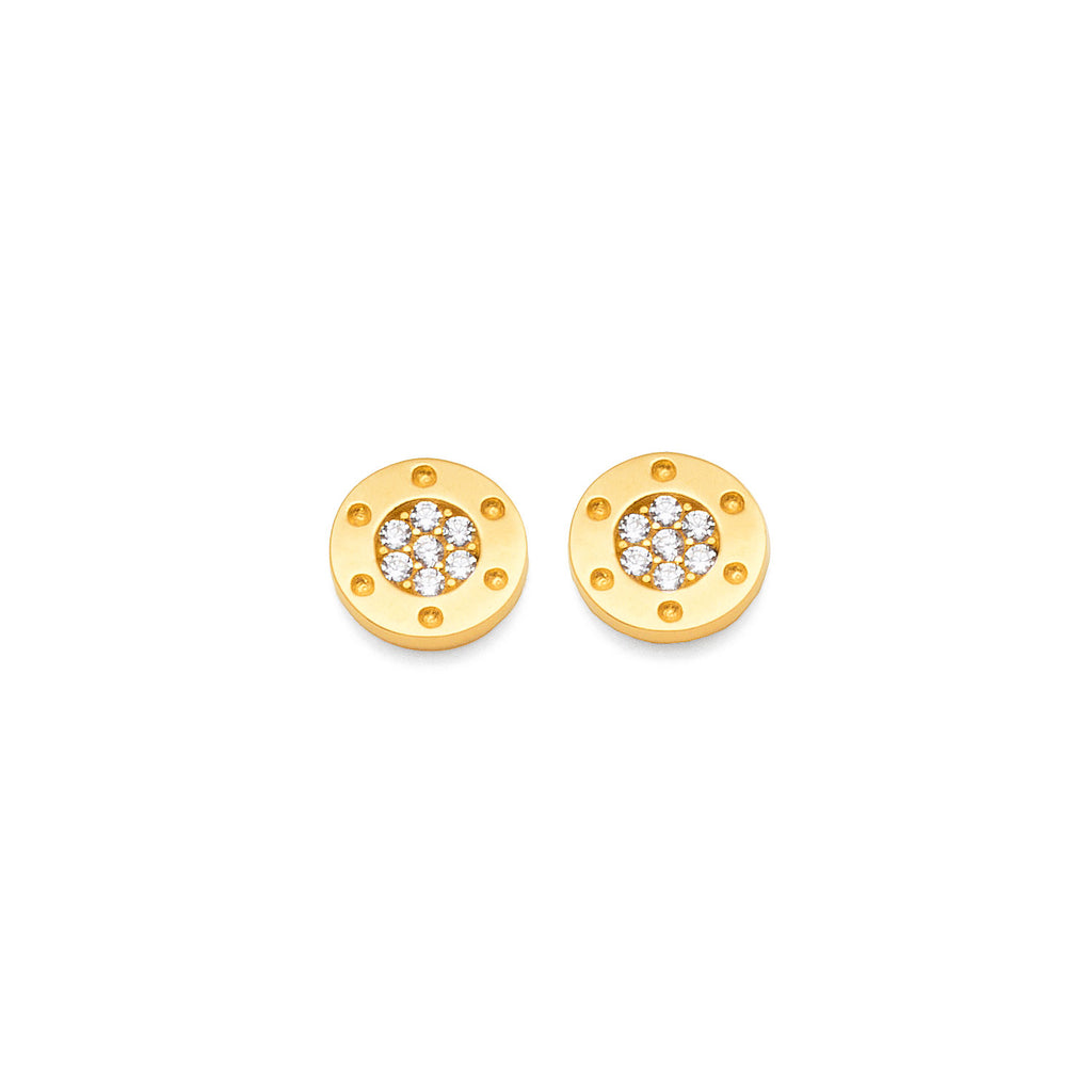 9ct Yellow Gold Cubic Zirconia Round Disc Stud Earrings