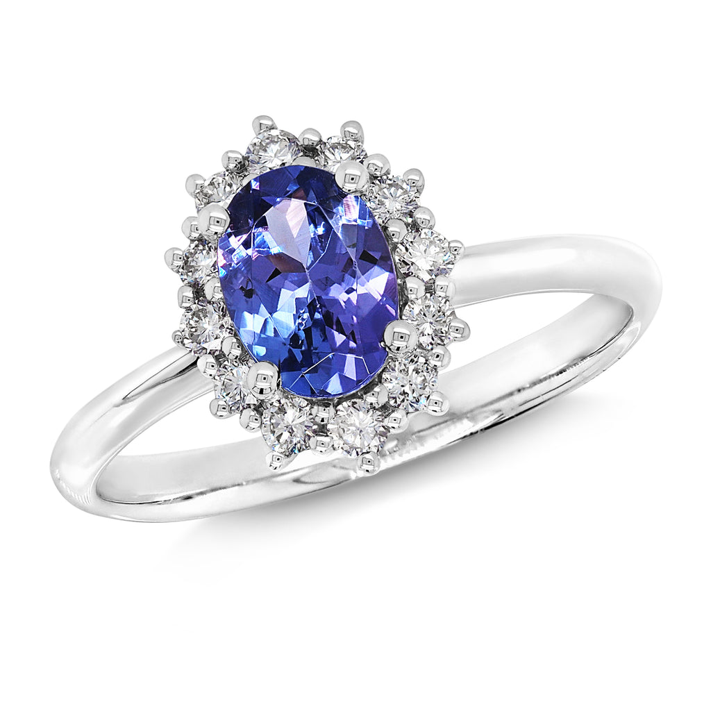 18ct White Gold Oval Tanzanite & Diamond Halo Ring TDW: 0.25