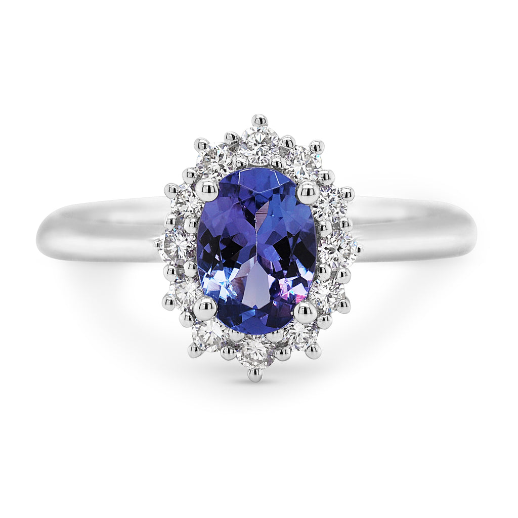 18ct White Gold Oval Tanzanite & Diamond Halo Ring TDW: 0.25