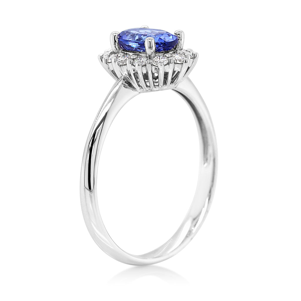 18ct White Gold Oval Tanzanite & Diamond Halo Ring TDW: 0.25