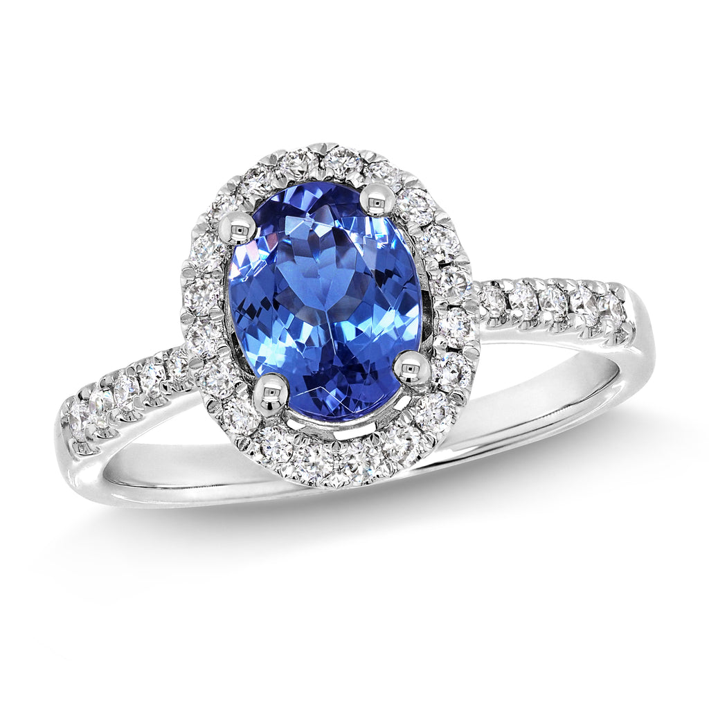 18ct White Gold Oval Tanzanite & Diamond Halo Ring TDW 0.27C