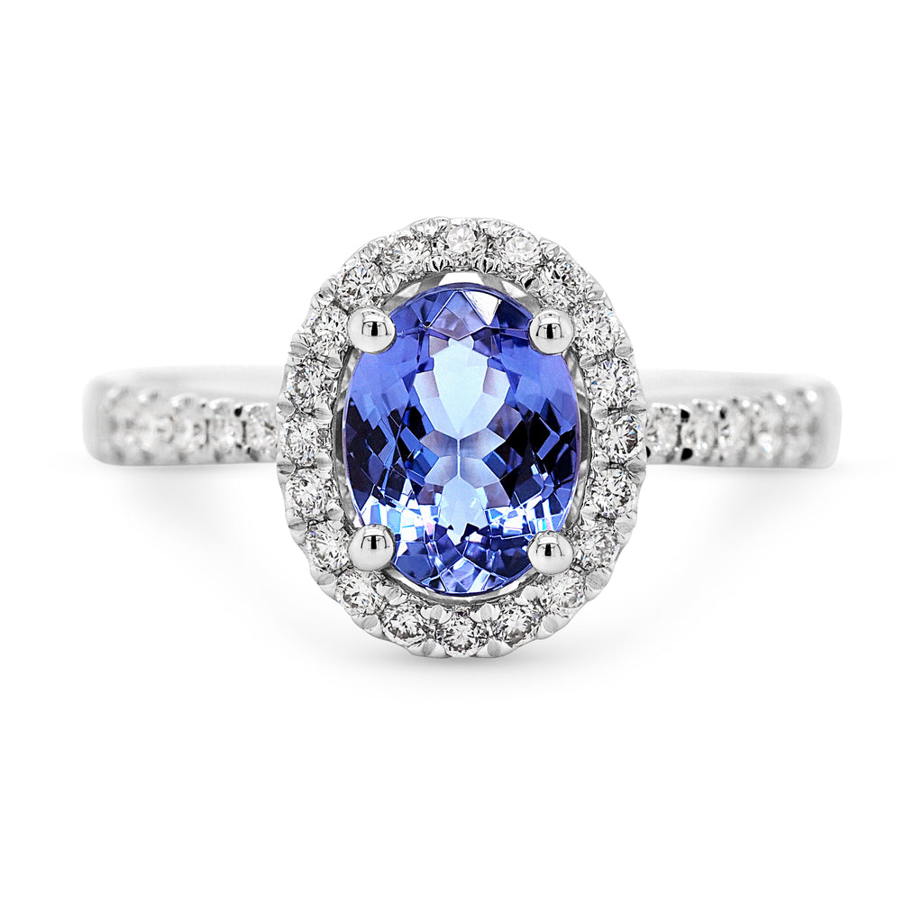 18ct White Gold Oval Tanzanite & Diamond Halo Ring TDW 0.27C