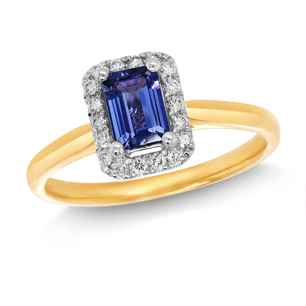 18ct Yellow Gold Emerald Cut Tanzanite & Diamond Halo Ring T