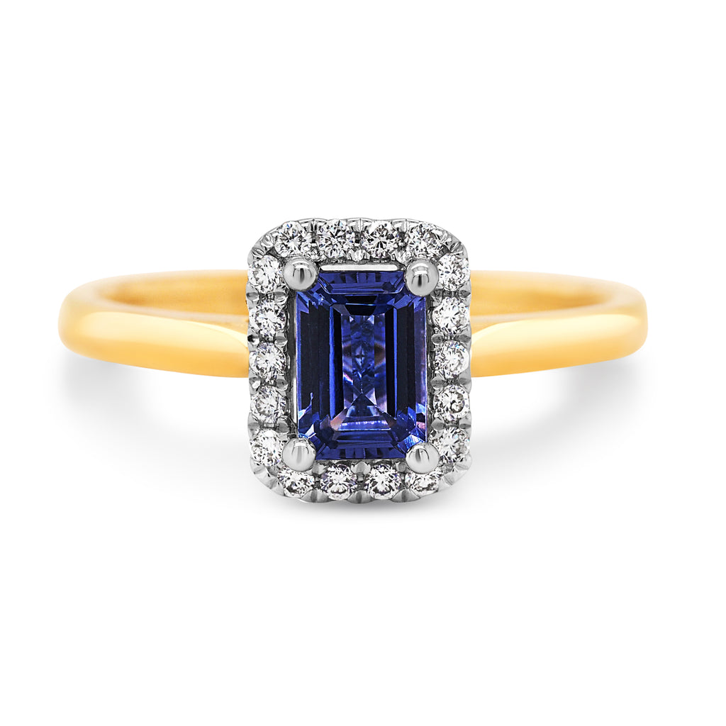 18ct Yellow Gold Emerald Cut Tanzanite & Diamond Halo Ring T