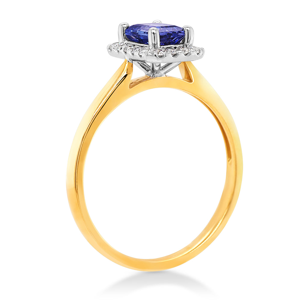 18ct Yellow Gold Emerald Cut Tanzanite & Diamond Halo Ring T