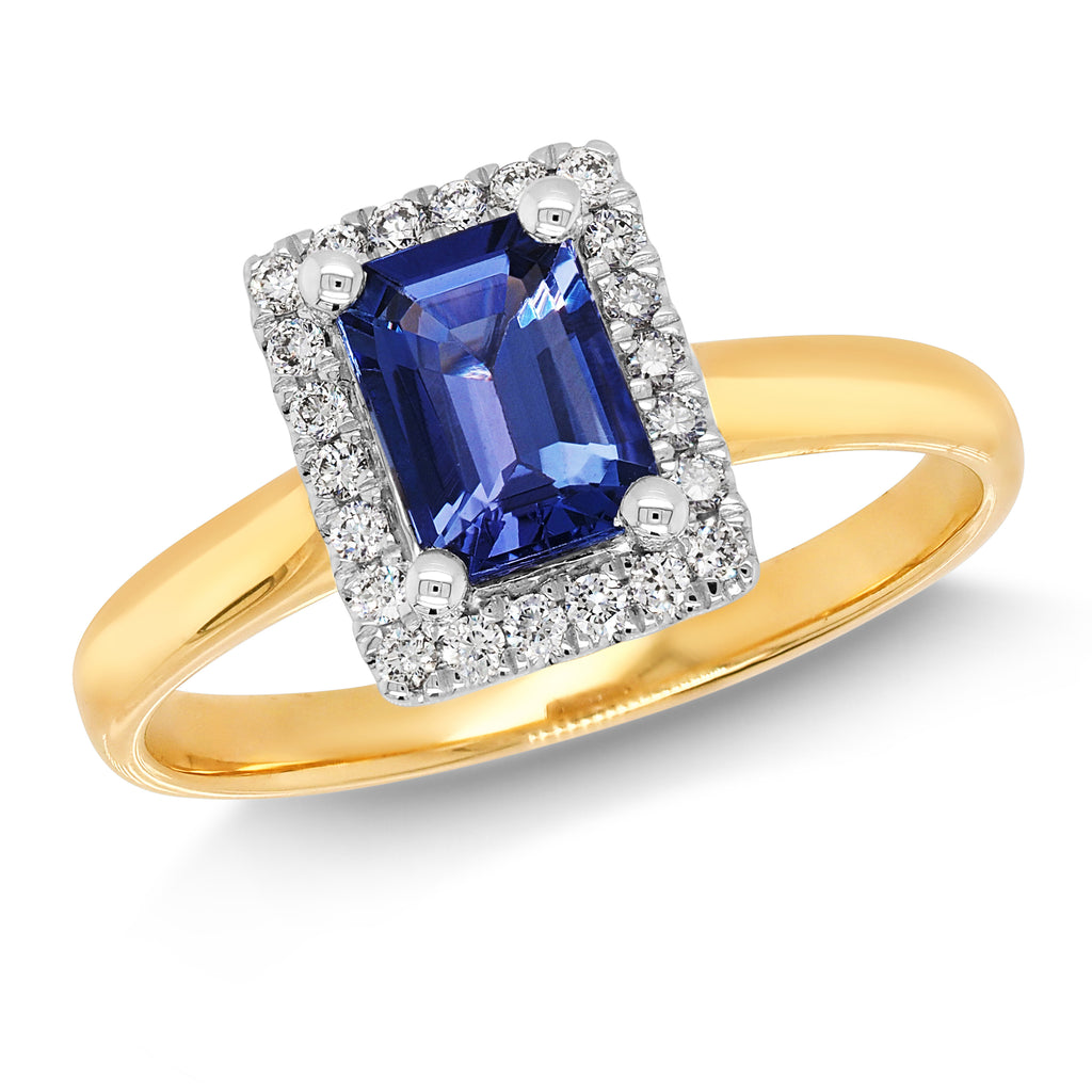 18ct Yellow Gold Emerald Cut Tanzanite & Diamond Halo Ring T