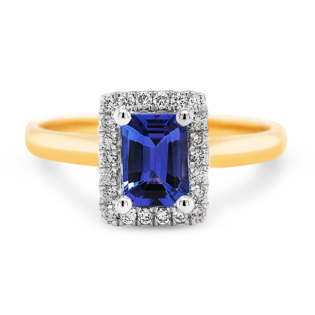 18ct Yellow Gold Emerald Cut Tanzanite & Diamond Halo Ring T