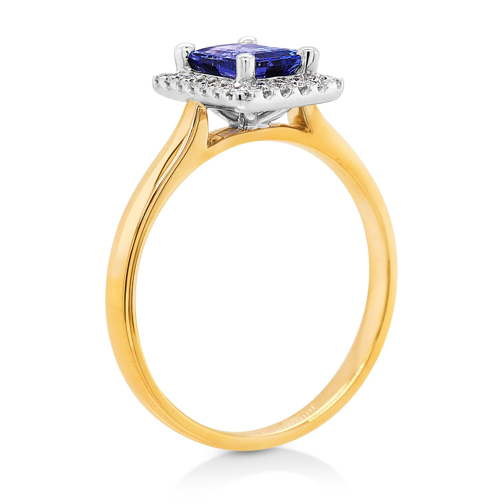 18ct Yellow Gold Emerald Cut Tanzanite & Diamond Halo Ring T