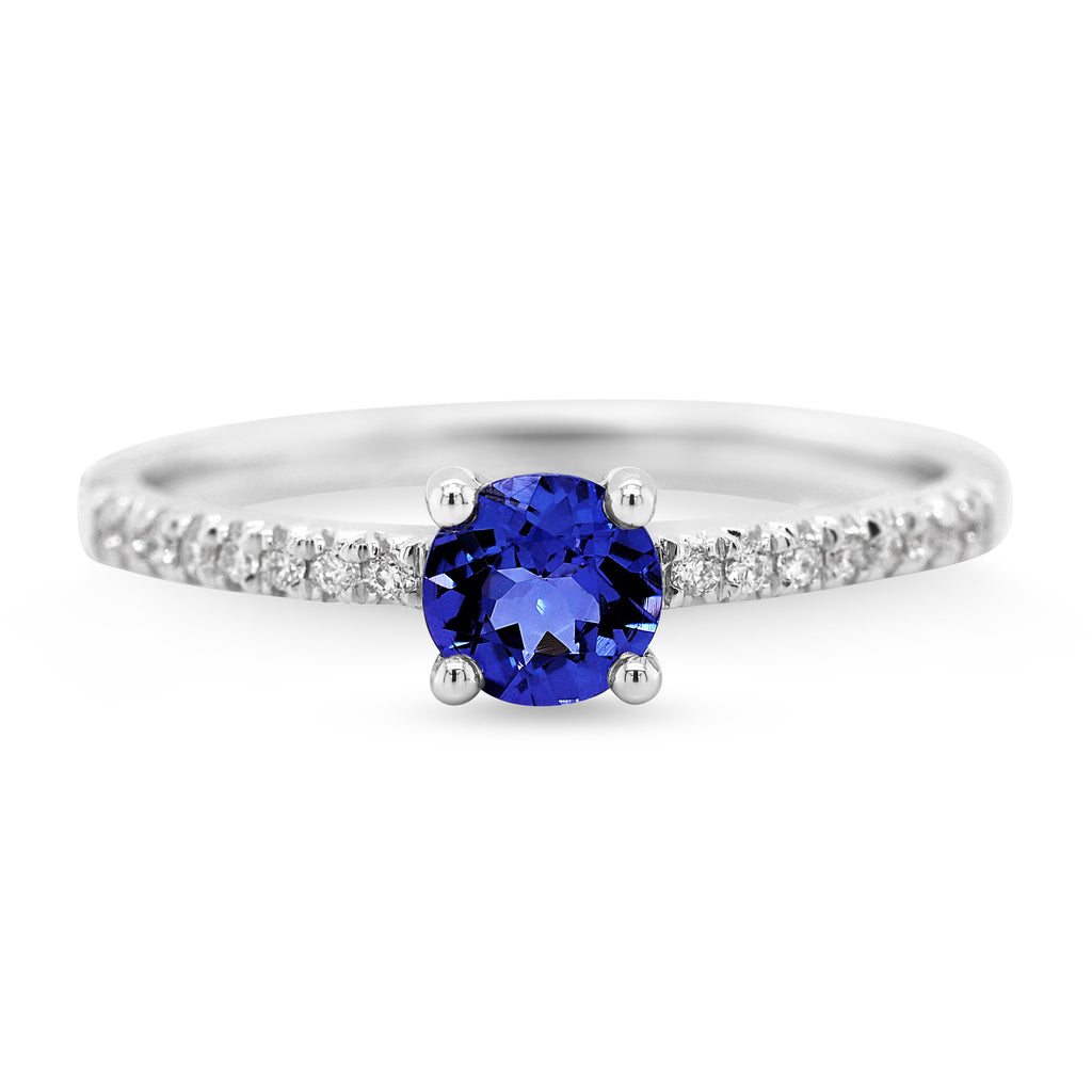 18ct White Gold Round Tanzanite & Diamond Ring TDW0.08CT