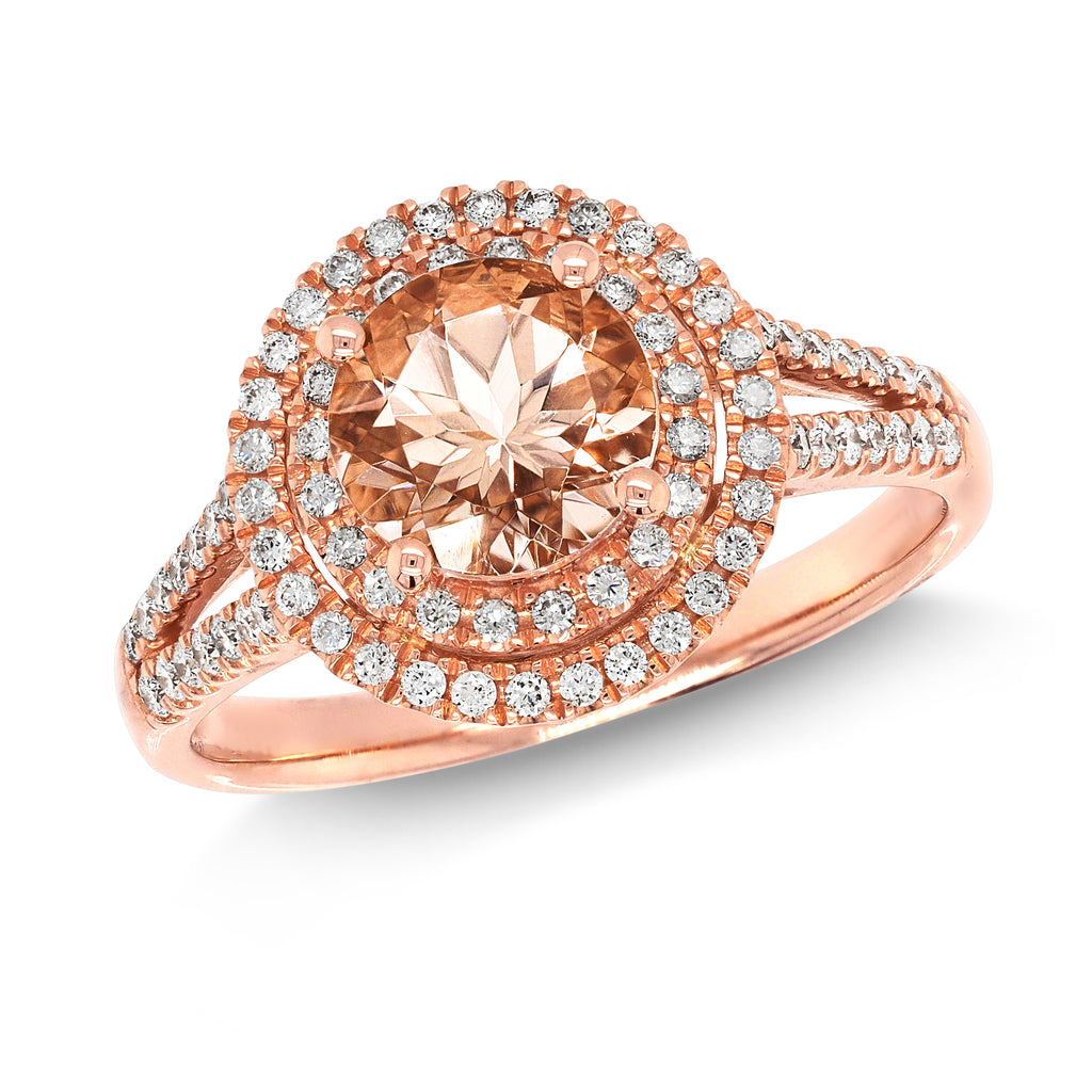 18ct Rose Gold Round Morganite & Diamond Double Halo Ring TD