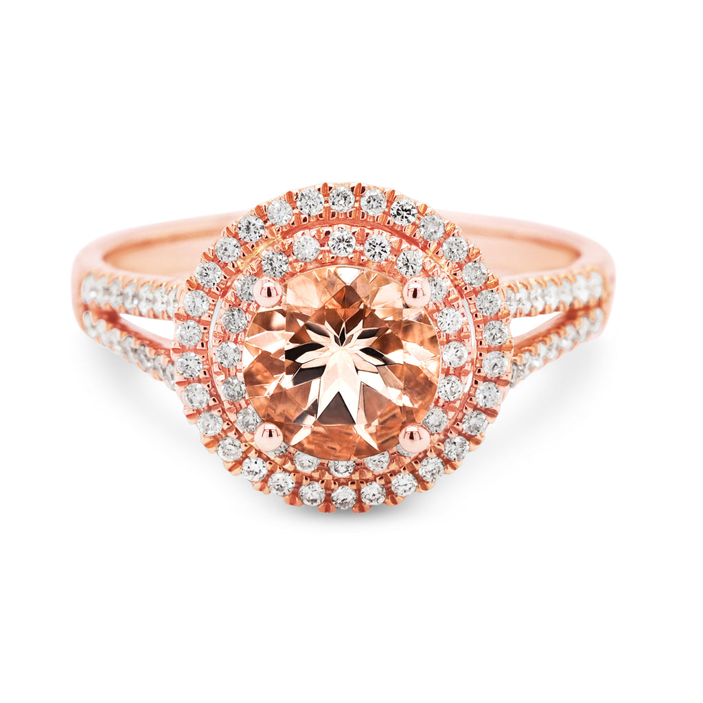 18ct Rose Gold Round Morganite & Diamond Double Halo Ring TD