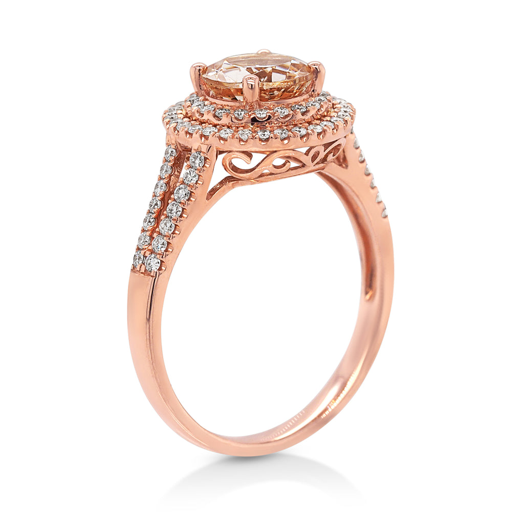 18ct Rose Gold Round Morganite & Diamond Double Halo Ring TD