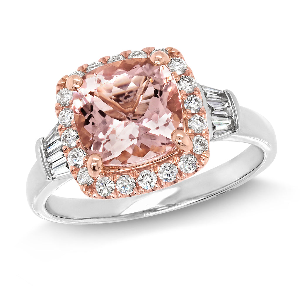 18ct White Gold Square Morganite & Diamond Halo Ring TDW 0.4