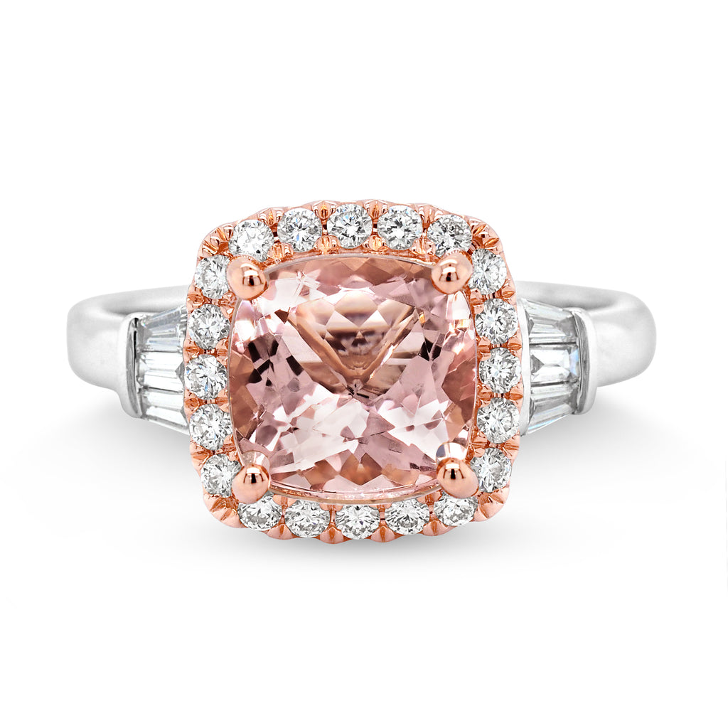 18ct White Gold Square Morganite & Diamond Halo Ring TDW 0.4