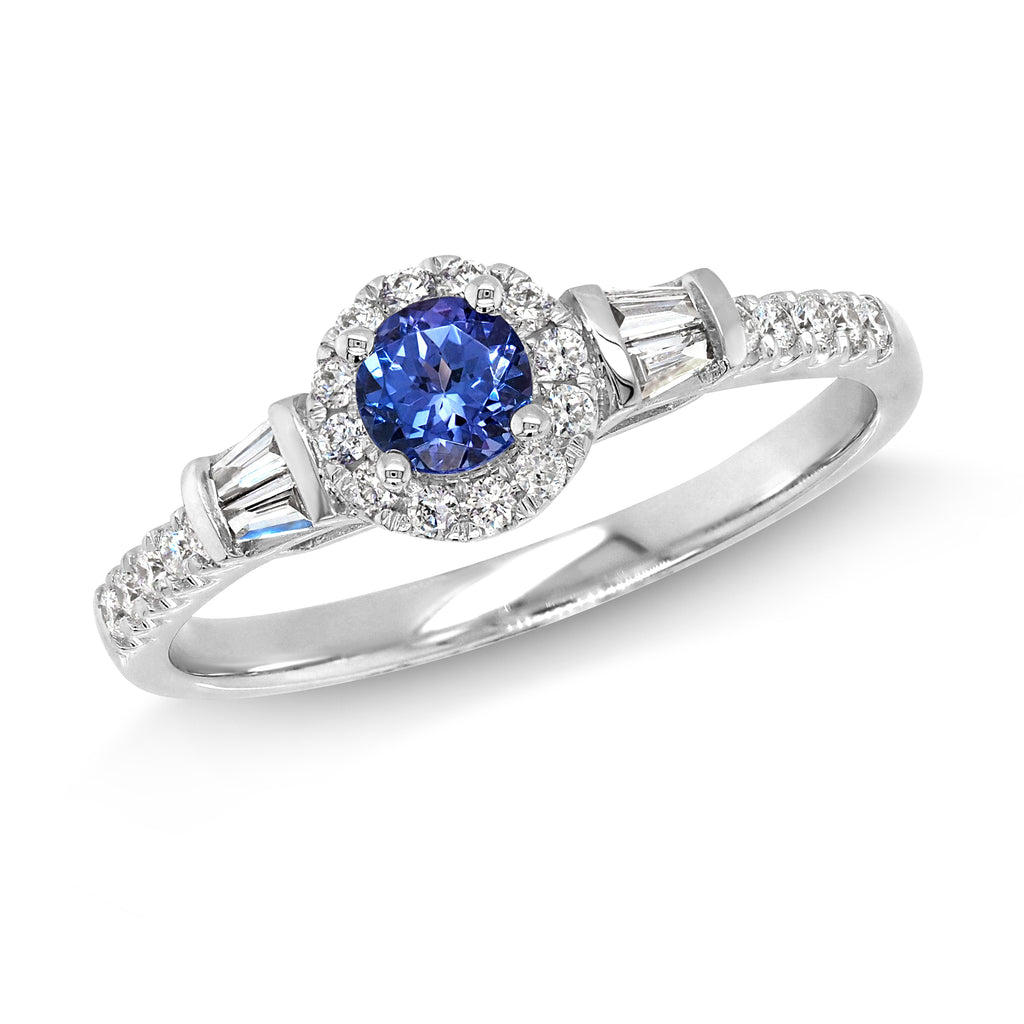 18ct White Gold Tanzanite & Baguette Diamond Halo Ring TDW 0